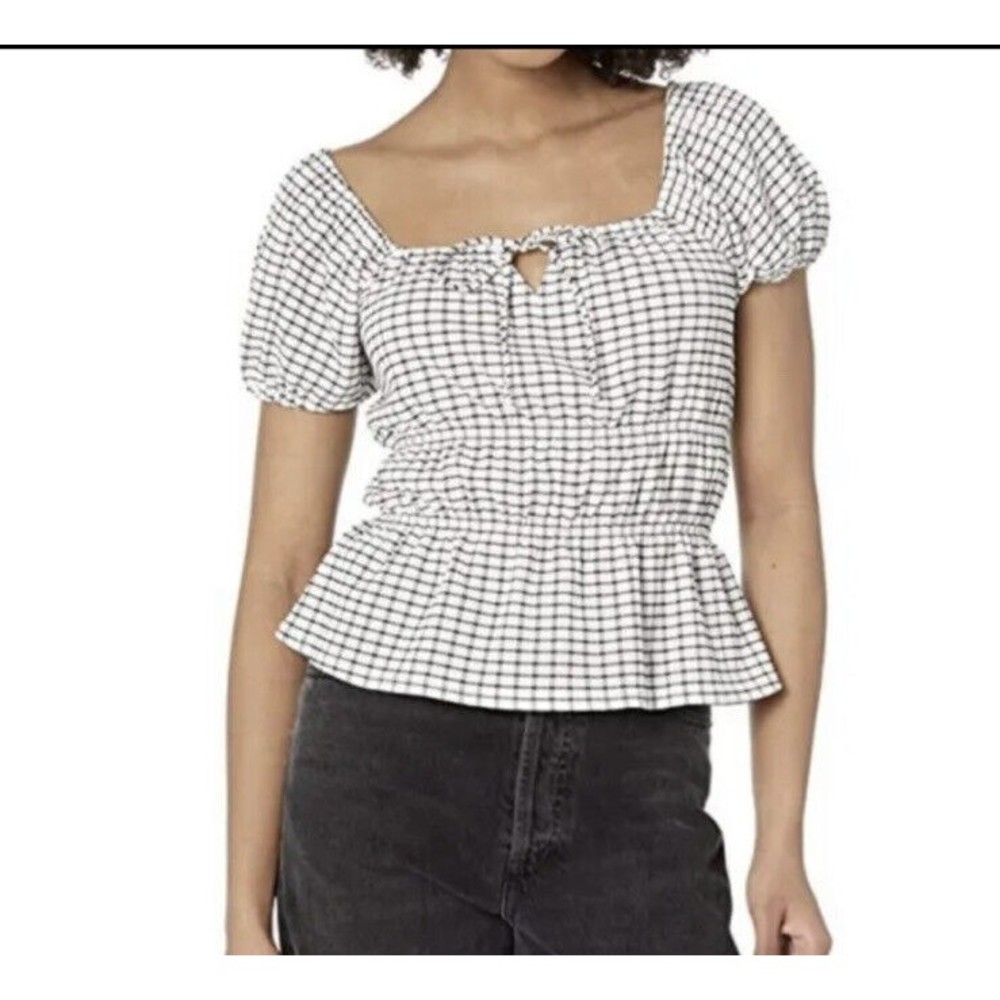 Madewell Women's Omaha Tier Top White Black Gingham Peplum Short Sleeve